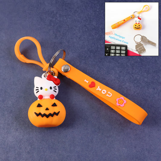 Cute Cartoon Cat  Pumpkin Theme Silicone Keychain (1 Pc)